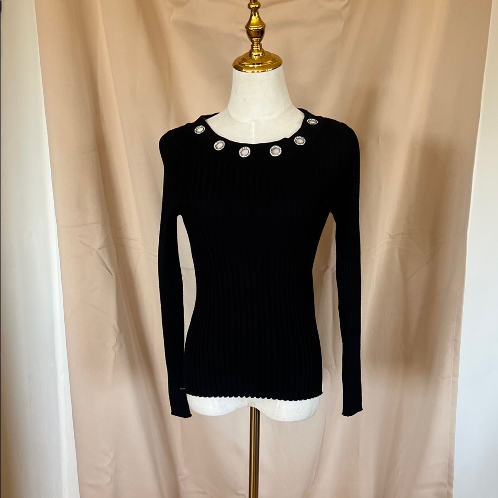Black Ribbed Belldini Long Sleeve Sweater with Decorative Buttons